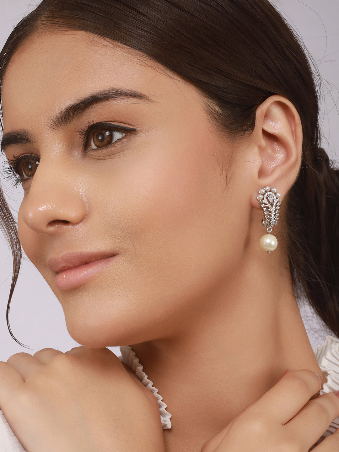 Silver Toned Pearl Beaded Minimal Studs  Bali Earrings