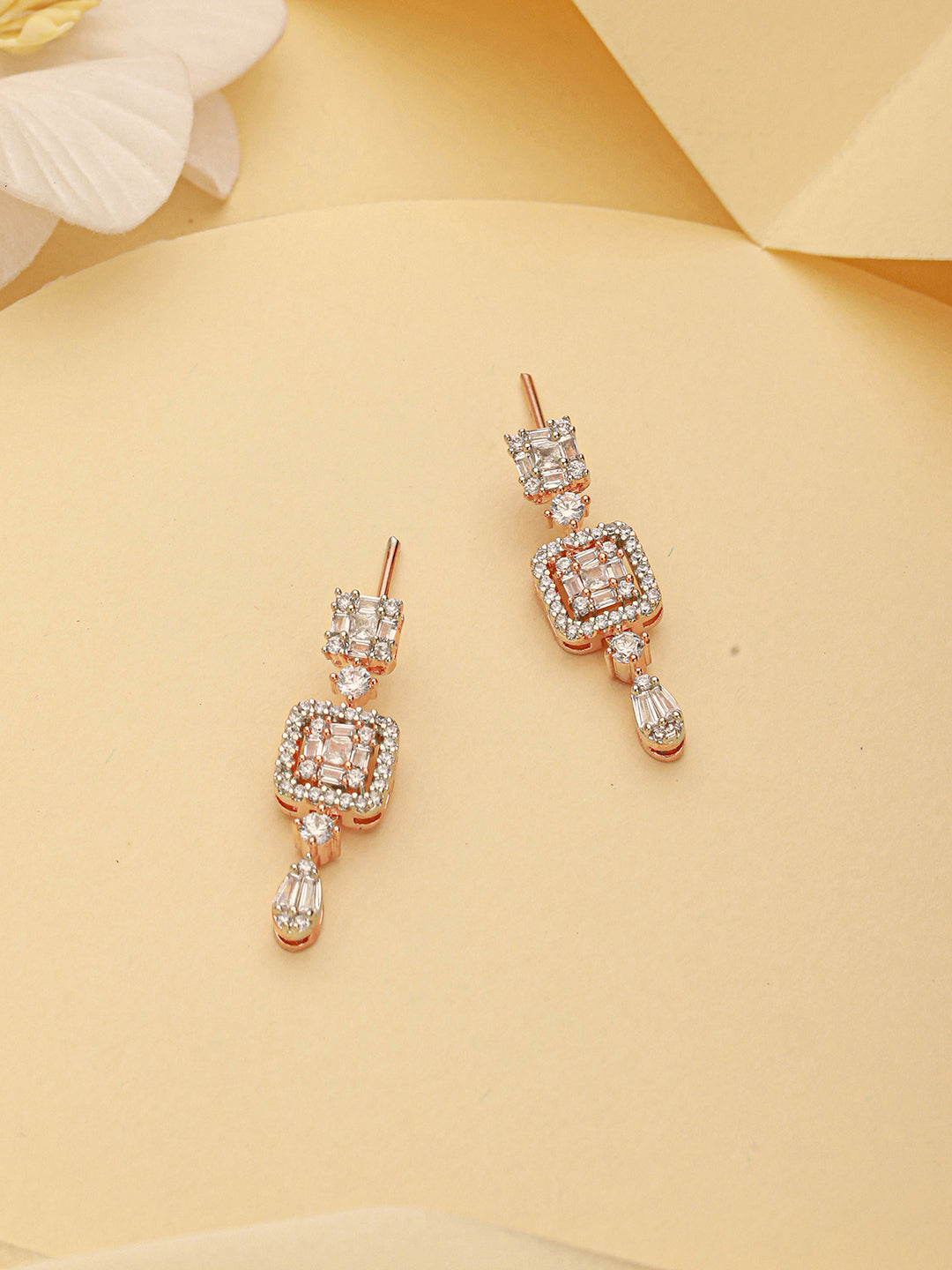 Rose Gold Plated Zircon Studded Classic Minimal Designer Drop Earrings