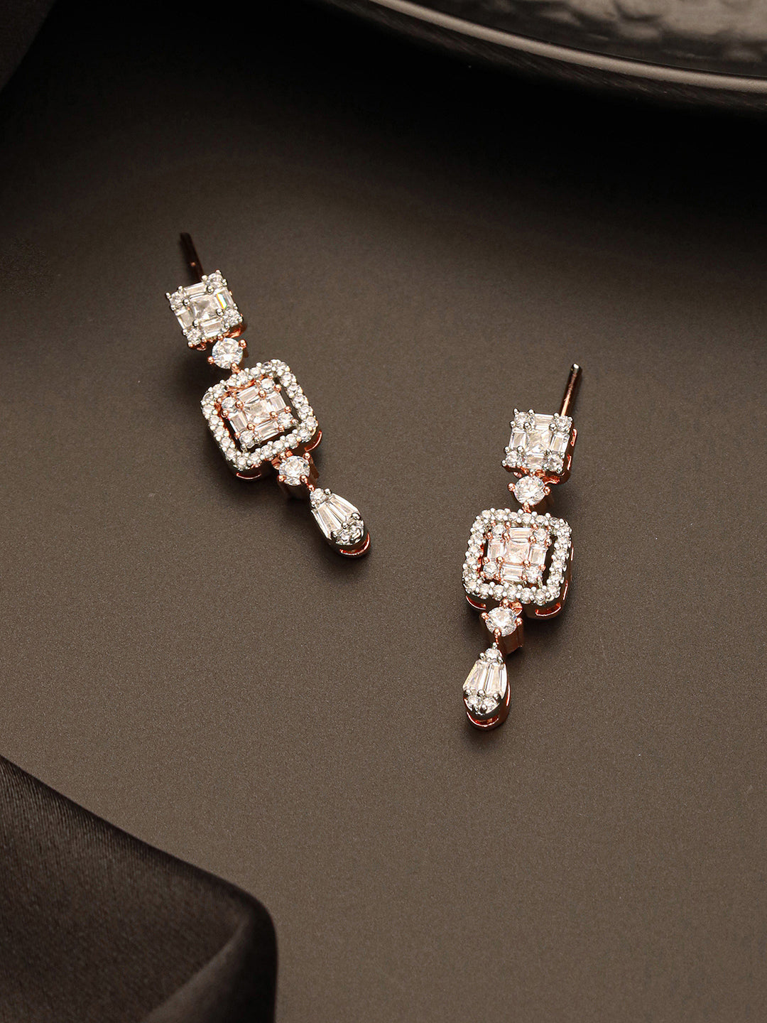 Rose Gold Plated Zircon Studded Classic Minimal Designer Drop Earrings