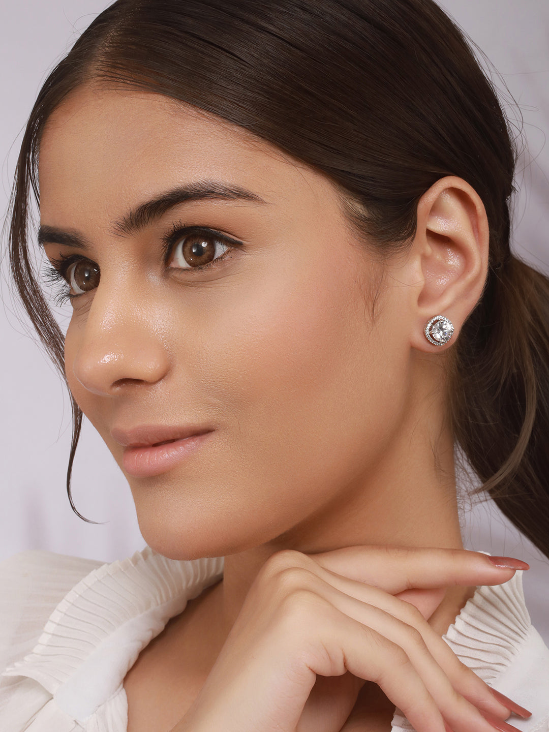 925 Sterling Silver Rhodium Plated Halo Solitaire Studds Earrings