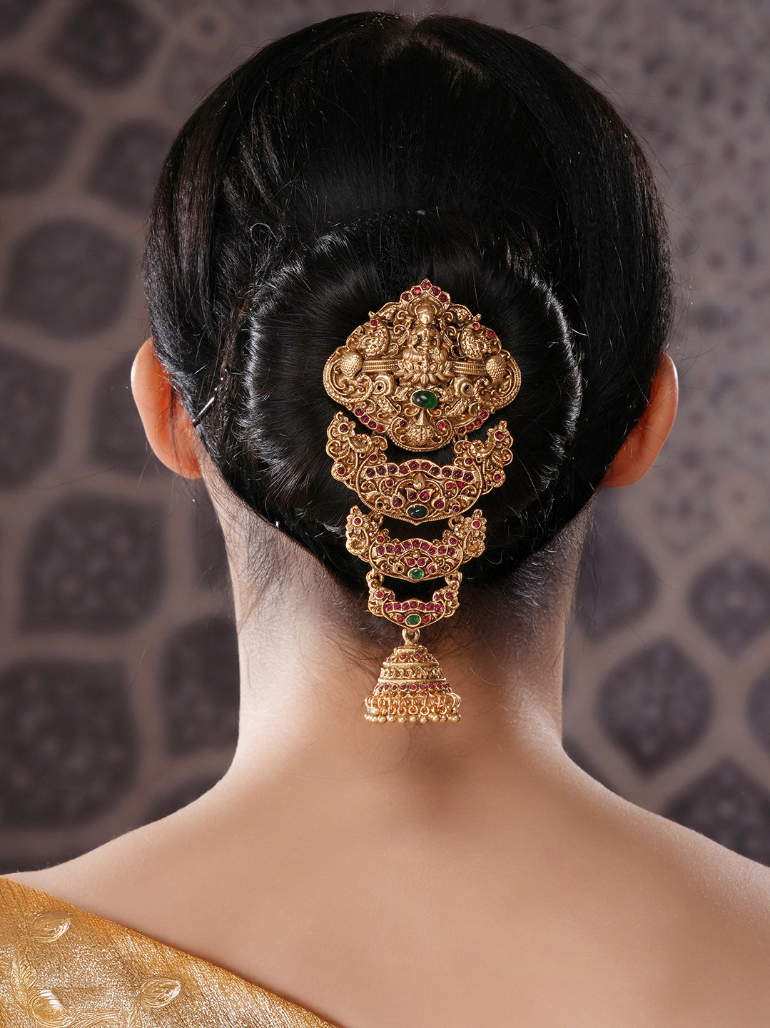 Gold Plated Red Kempo Studded Nagas Lakshmiji  Temple Jadai Billa Hair Braid Choti