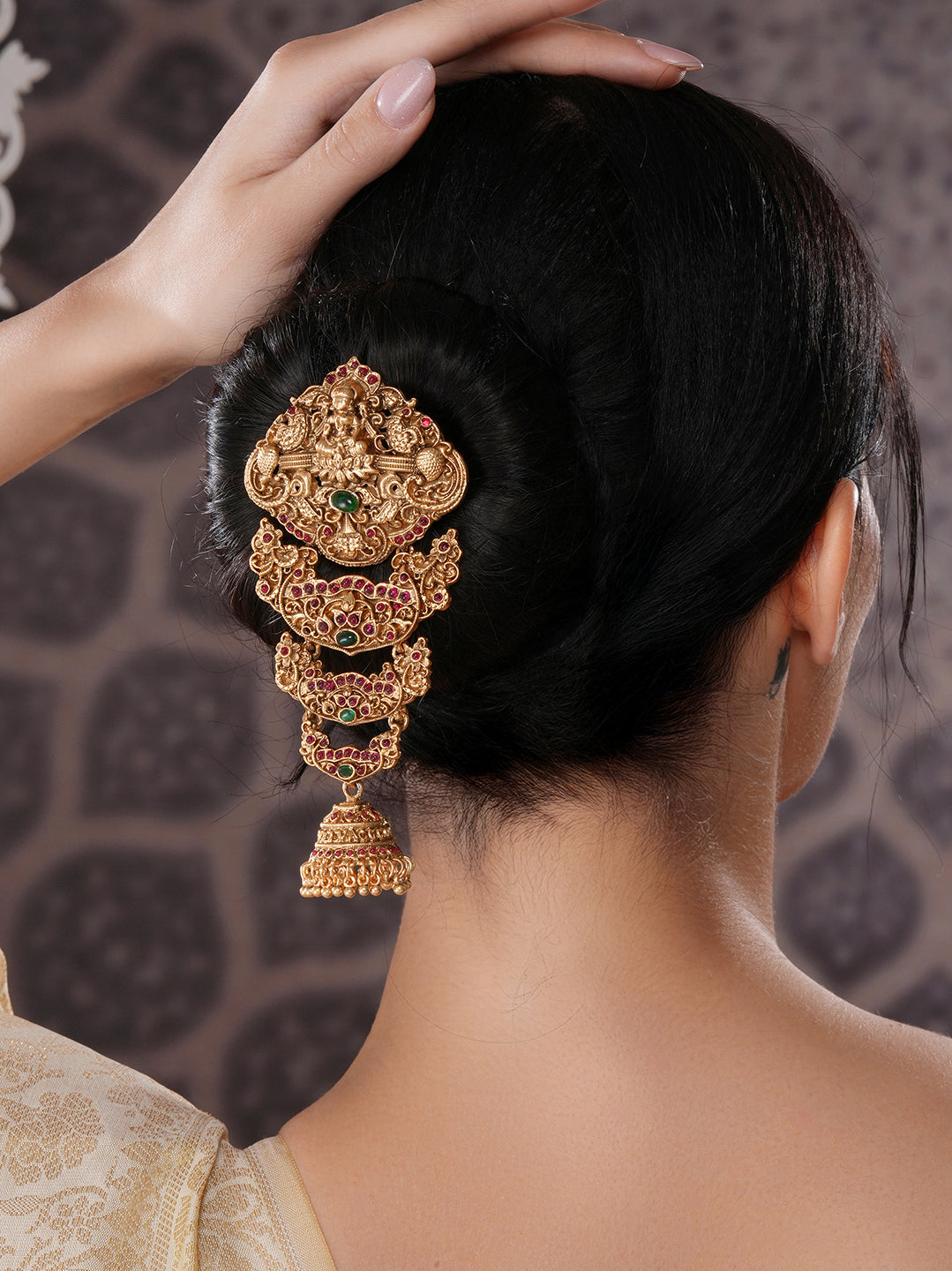 Gold Plated Red Kempo Studded Nagas Lakshmiji  Temple Jadai Billa Hair Braid Choti