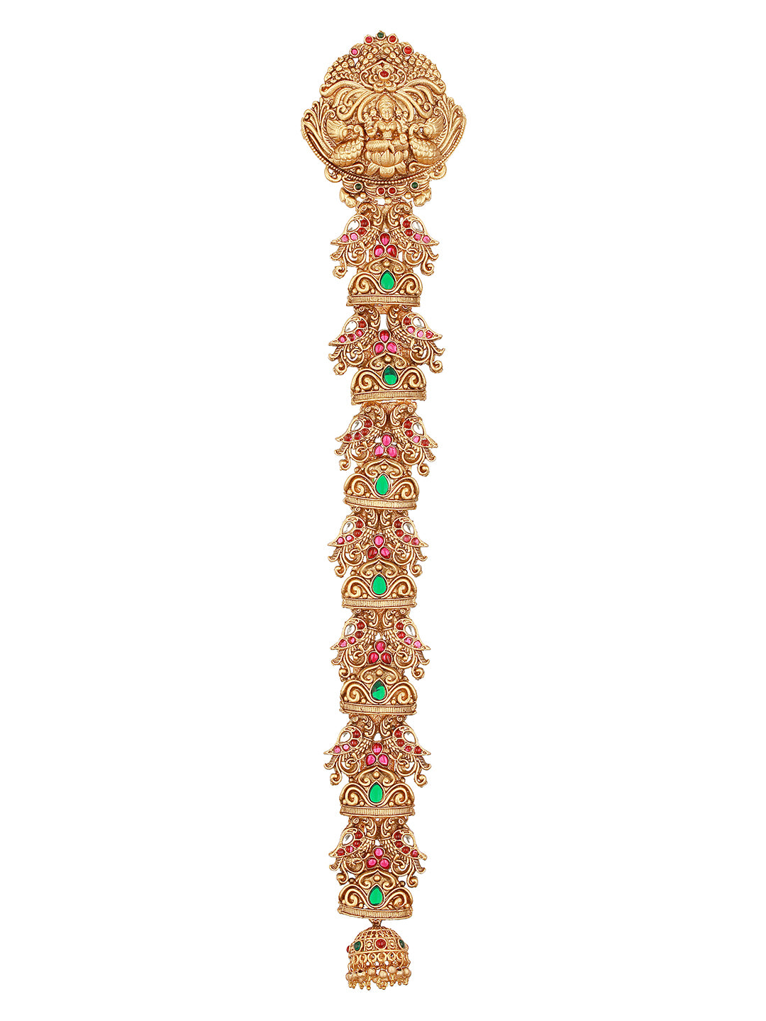 Gold Plated Red Kempo Studded Nagas Lakshmiji  Peacock  Temple Jadai Billa  Bridal Hair Braid Choti