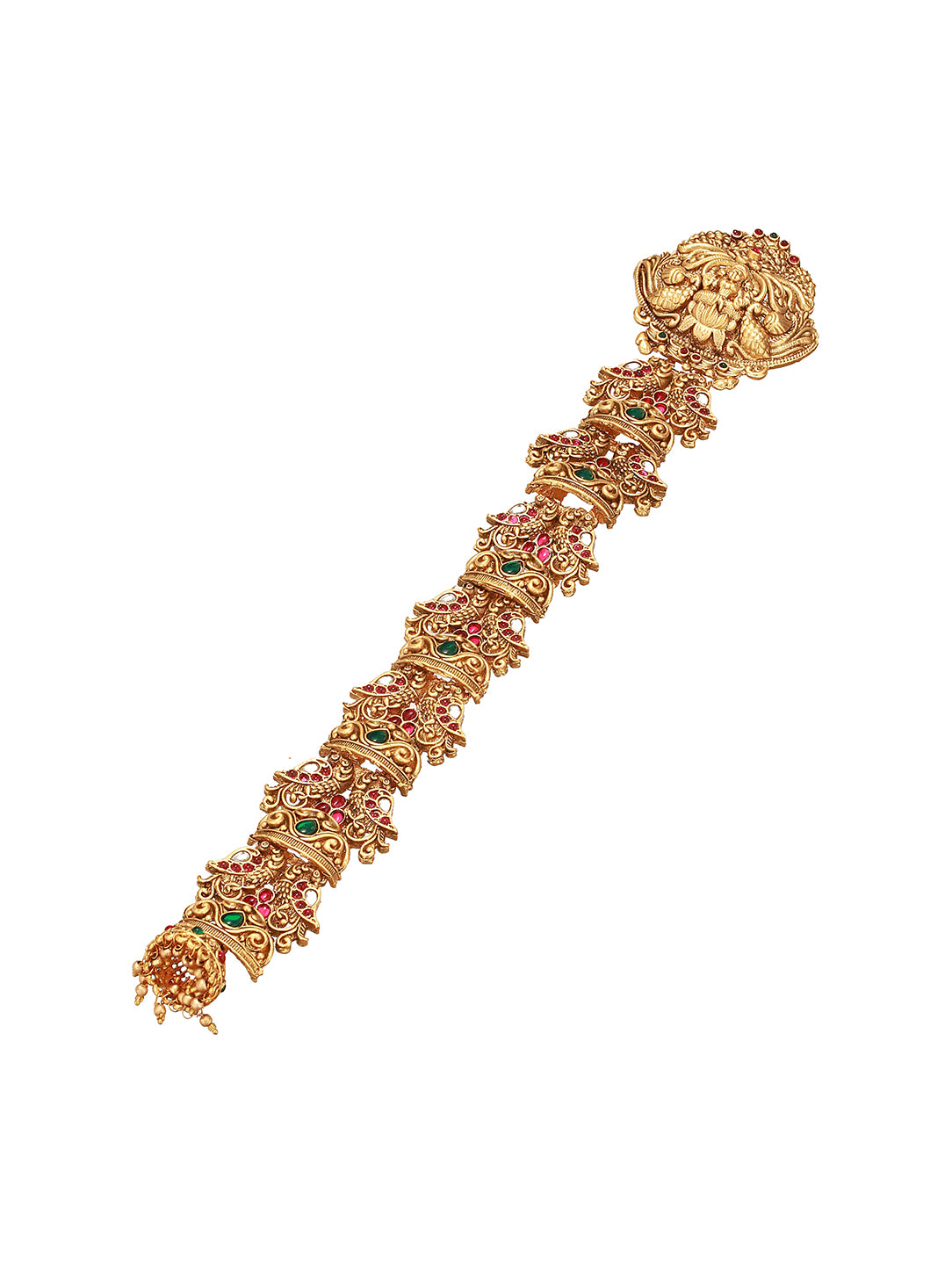 Gold Plated Red Kempo Studded Nagas Lakshmiji  Peacock  Temple Jadai Billa  Bridal Hair Braid Choti