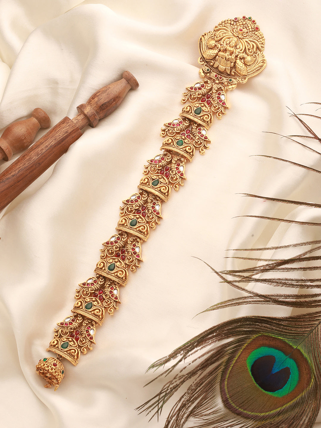 Gold Plated Red Kempo Studded Nagas Lakshmiji  Peacock  Temple Jadai Billa  Bridal Hair Braid Choti