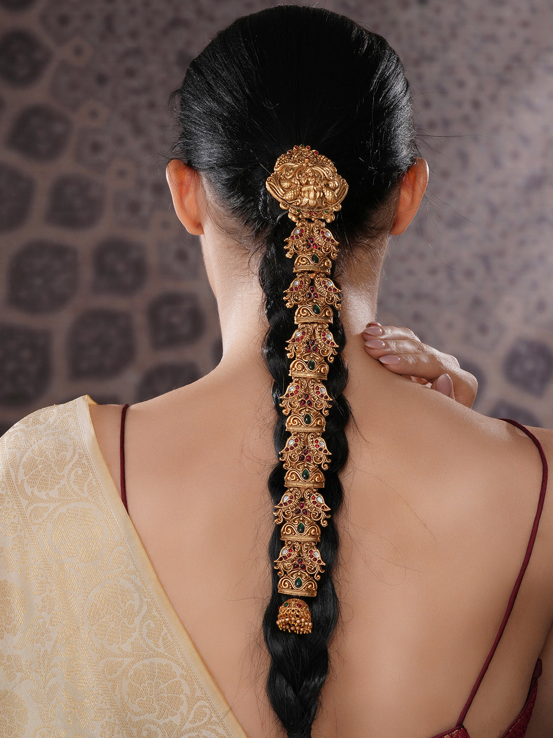 Gold Plated Red Kempo Studded Nagas Lakshmiji  Peacock  Temple Jadai Billa  Bridal Hair Braid Choti