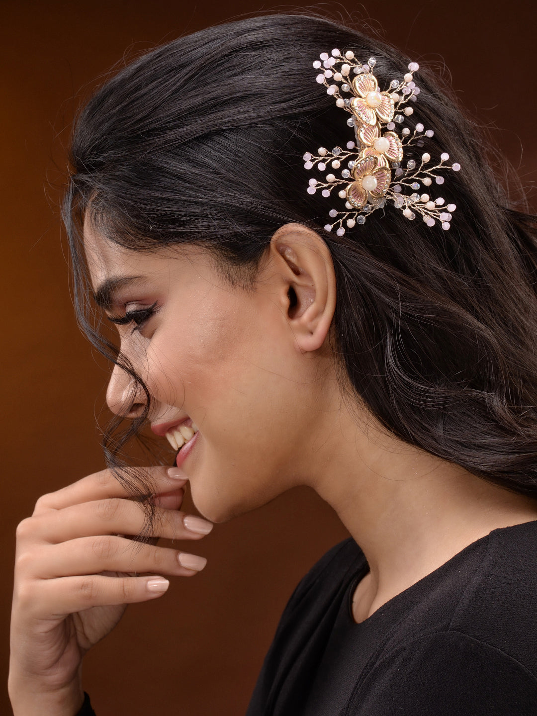 Gold Toned Pink AD Embellished Bridal Comb Pin