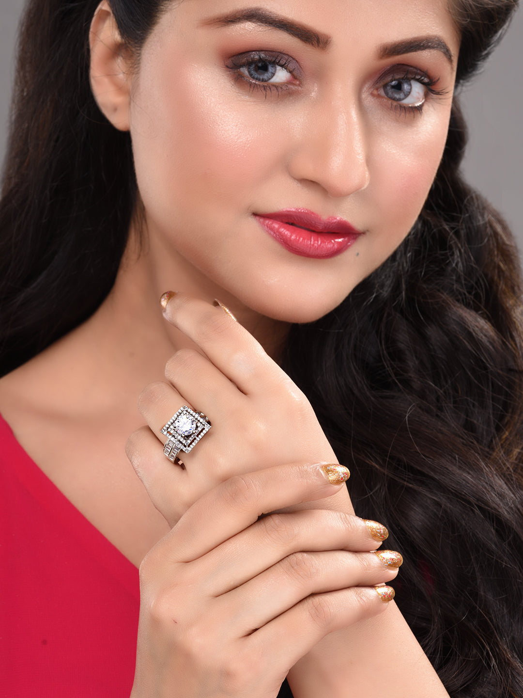 Silver Toned White AD Studded Solitaire Square Finger Ring