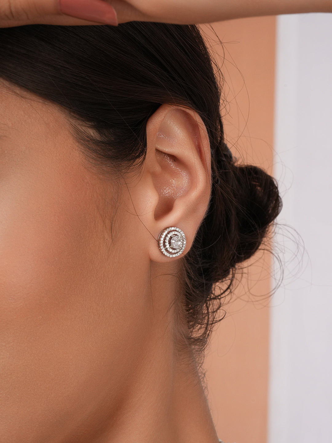 925 Sterling Silver Cubic Zirconia Concentric Circular Studds Earring