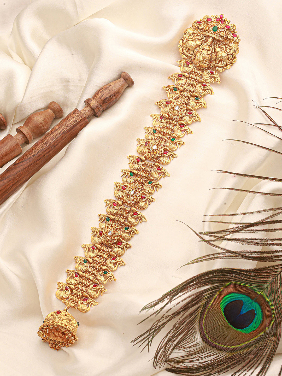 Gold Look Nakshi Kempo Studded Lakshmi Ji Peacock Jadai Billa Bridal Hair Braid Choti