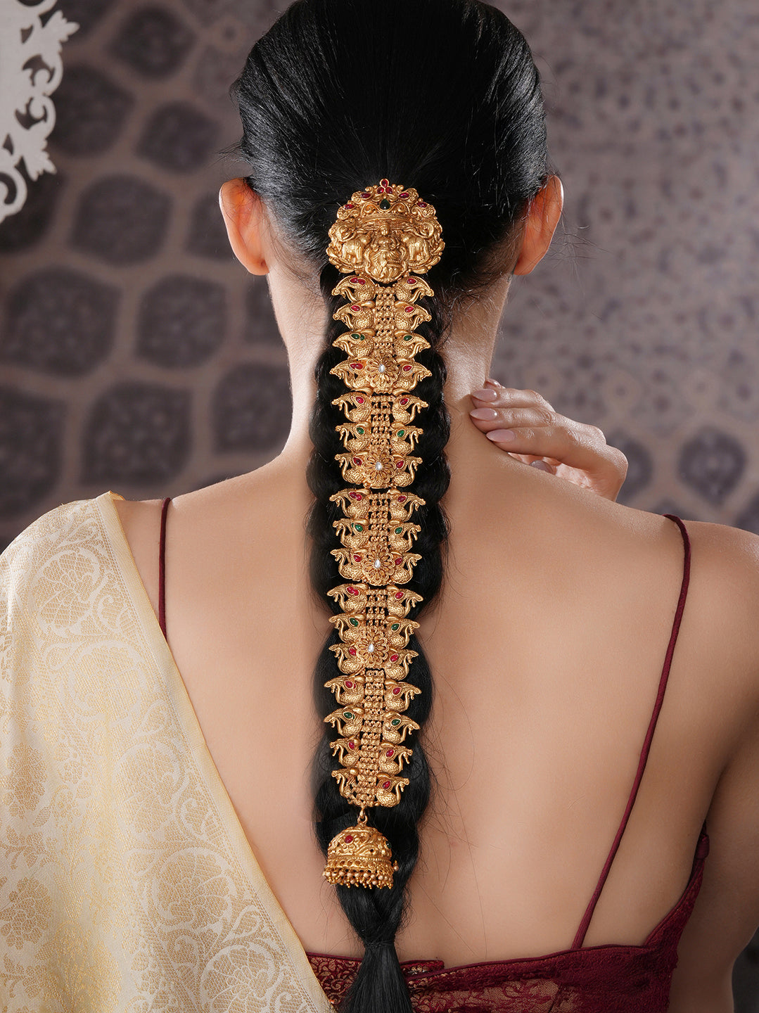 Gold Look Nakshi Kempo Studded Lakshmi Ji Peacock Jadai Billa Bridal Hair Braid Choti