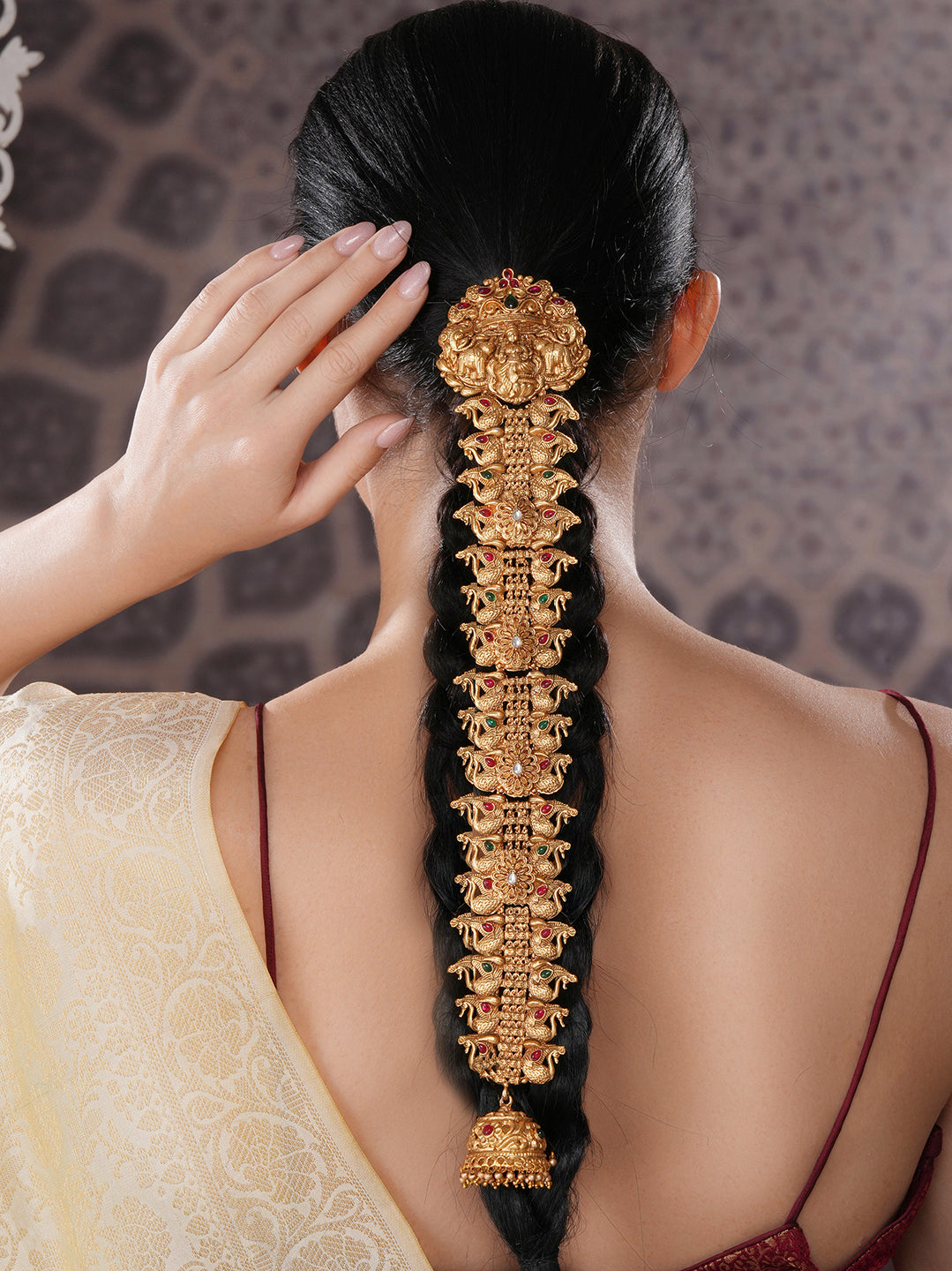 Gold Look Nakshi Kempo Studded Lakshmi Ji Peacock Jadai Billa Bridal Hair Braid Choti