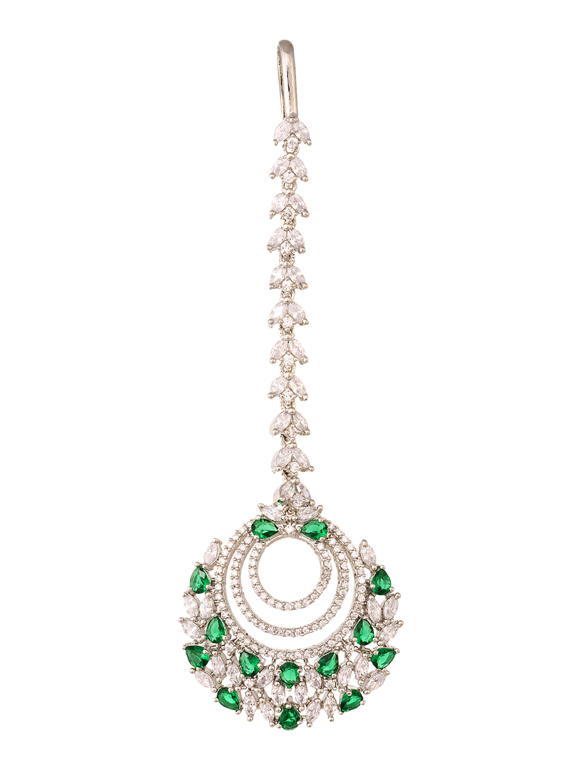 Silver plated Green AD studded Handcrafted Maang Tika