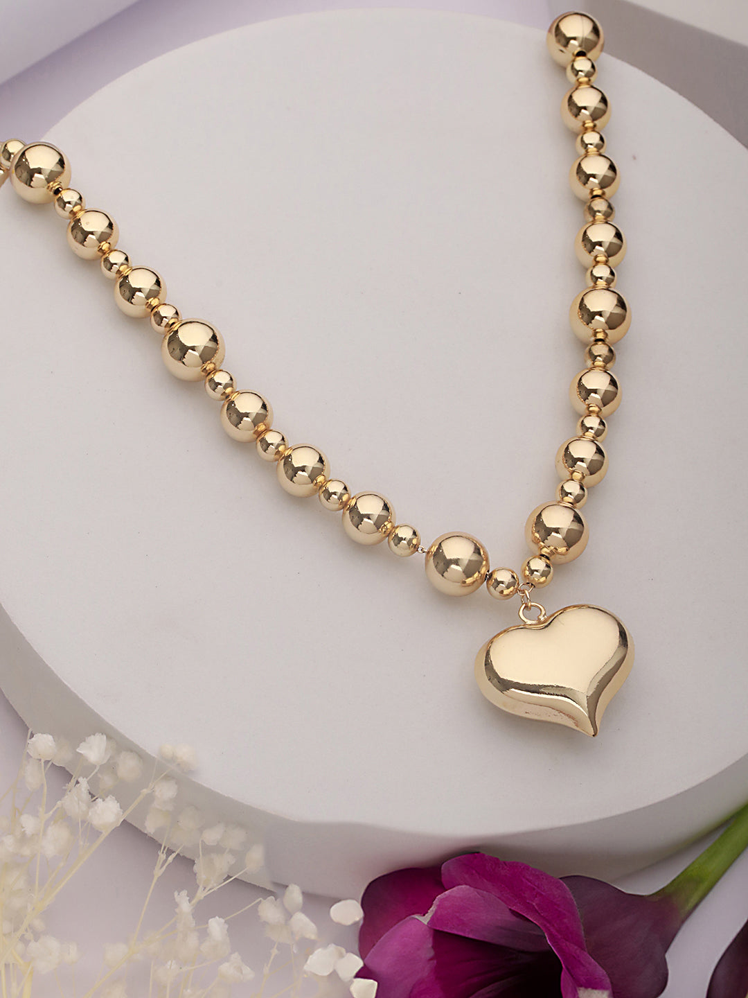Anti-Tarnish Gold Plated Chunky Ball Chain Heart Shaped Pendant Necklace