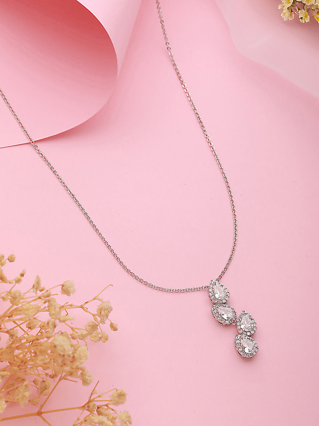 Anti-Tarnish Silver Plated AD Studded Delicate Solitaire Leaf Pendant Necklace