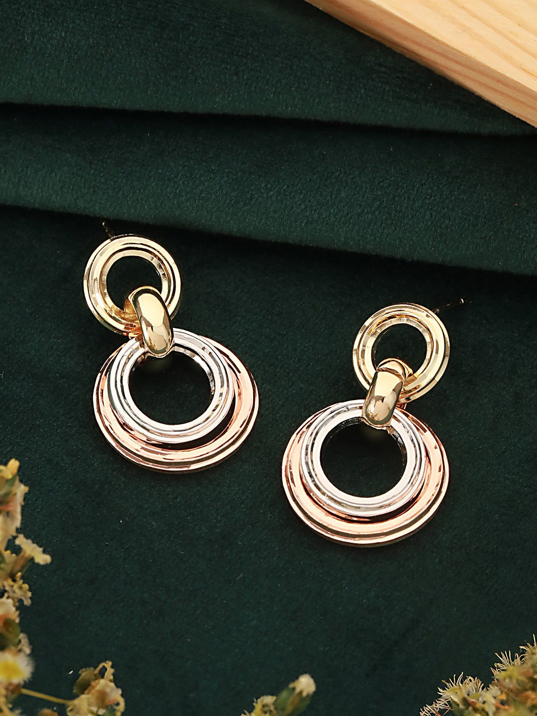 Anti-Tarnish Rose Gold 3 Toned Circular Hoops Drop Earrings