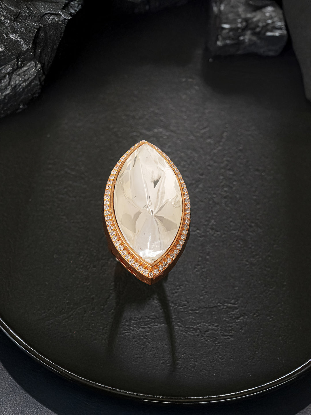 Gold Plated Uncut Mossanite Kundan Studded Bridal Adjustable Finger Ring