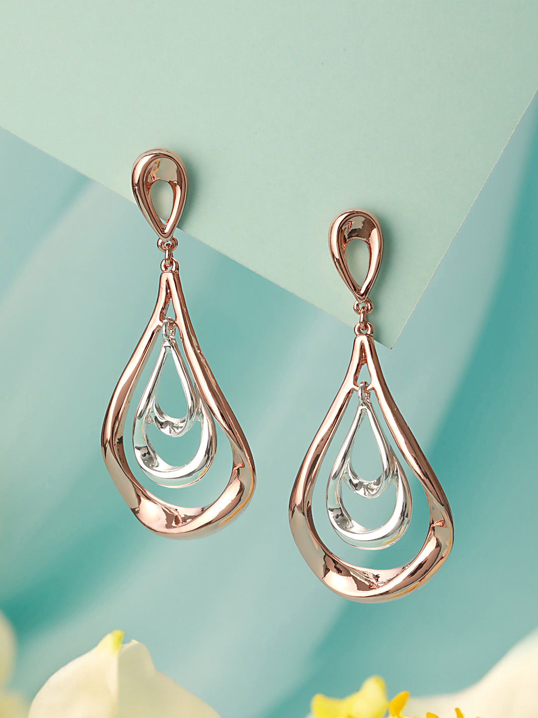 Anti-Tarnish Rose Gold Plated Pear Shaped Concentric Drop Earrings