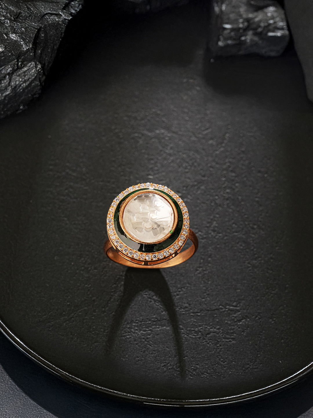 Gold Plated Incut Kundan Mossanite Studded Minimal Bridal Adjustable Handcrafted Finger Rings