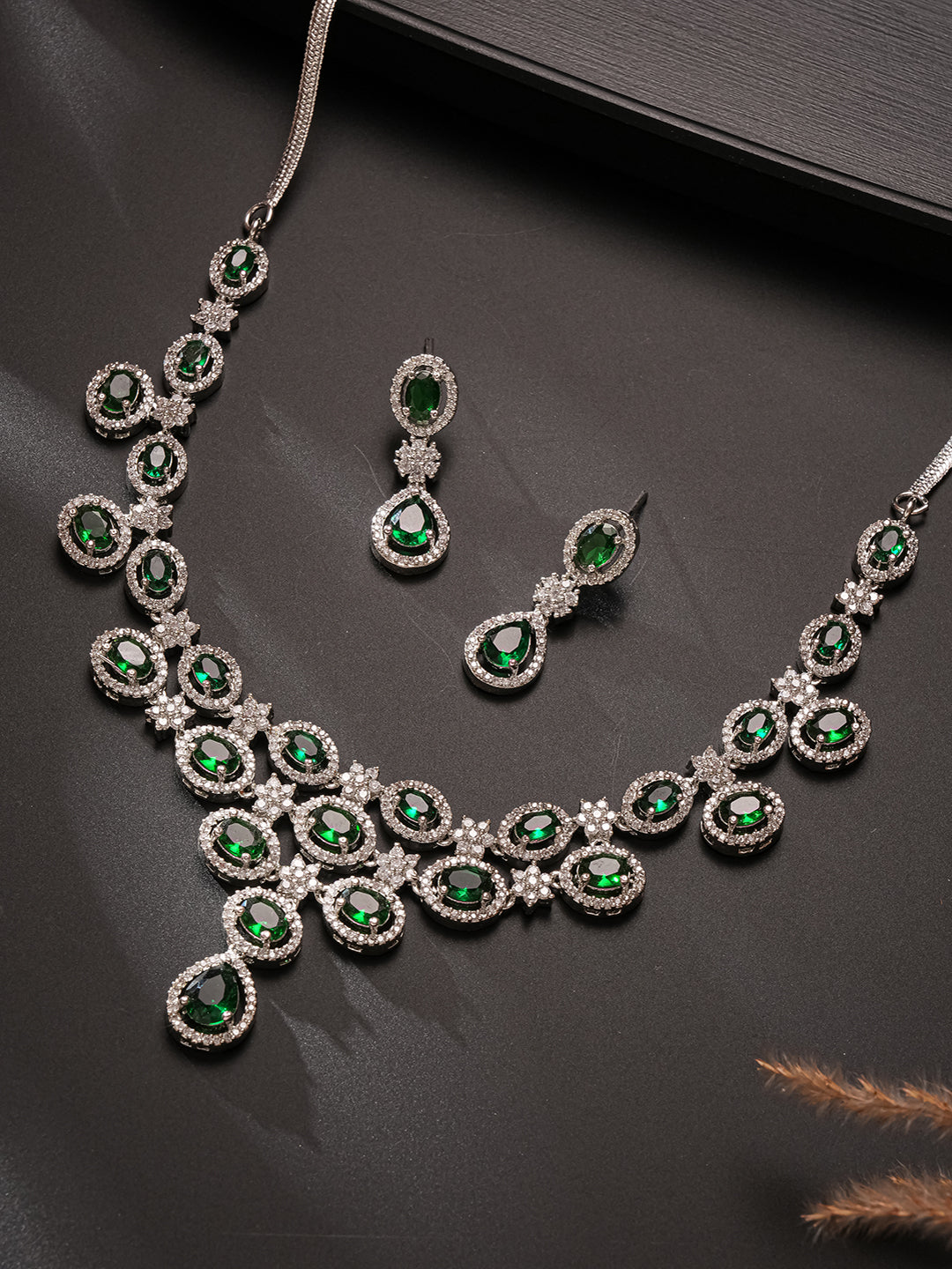 Silver Toned Emerald Green Zircon AD Studded Layered Bridesmaid Statement Jewellery Set