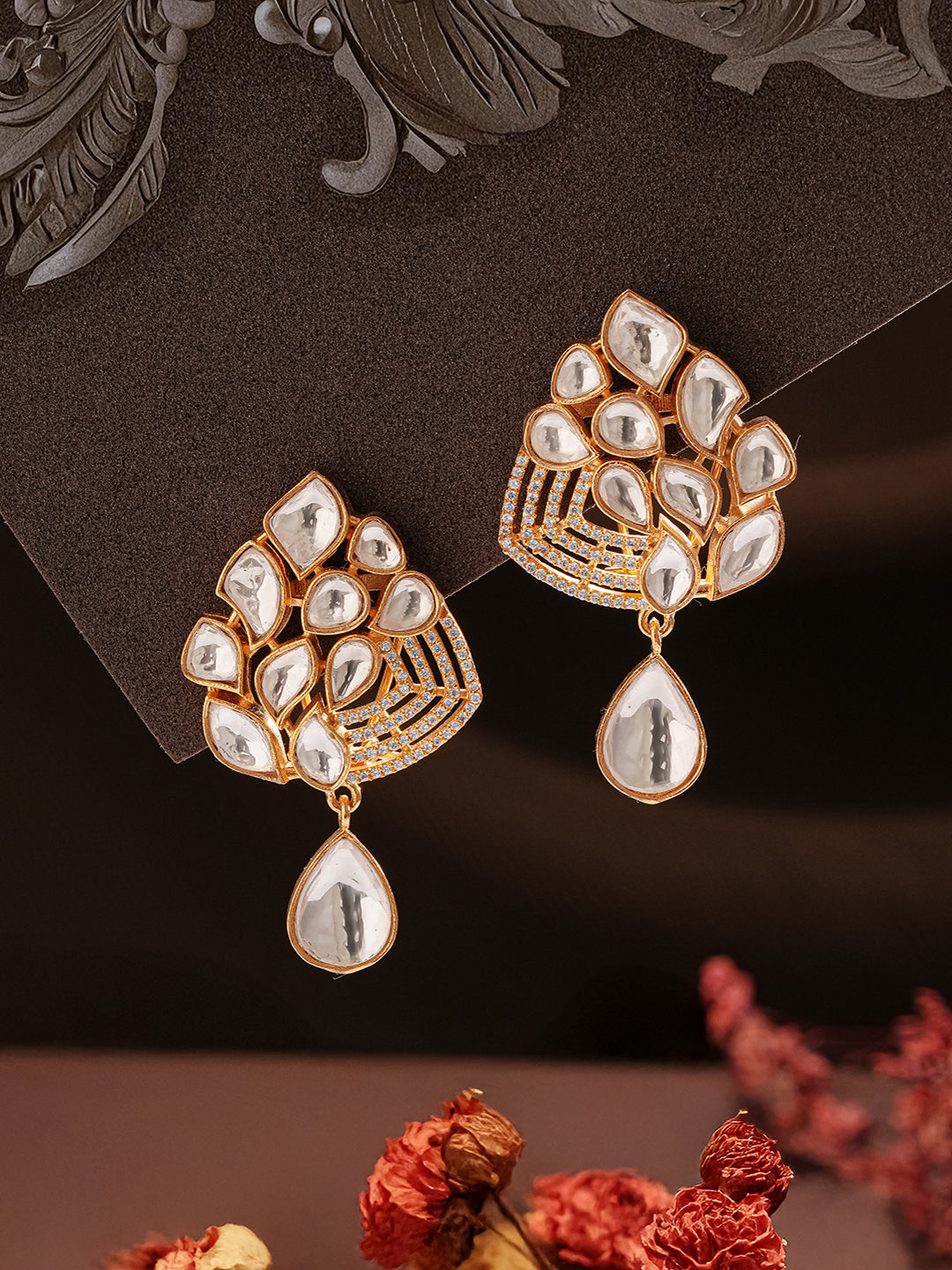 Gold Plated Uncut Polki Mosannite Kundan Studded Floral Drop Studds Earrings