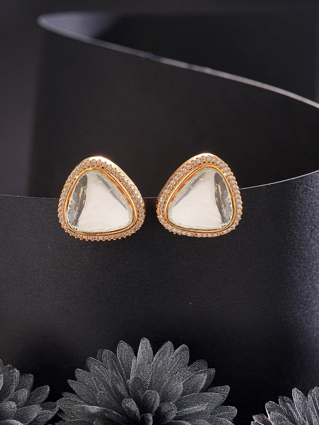 Gold Plated Uncut Mossanite Polki Statement Big Triangle  Studds Earrings