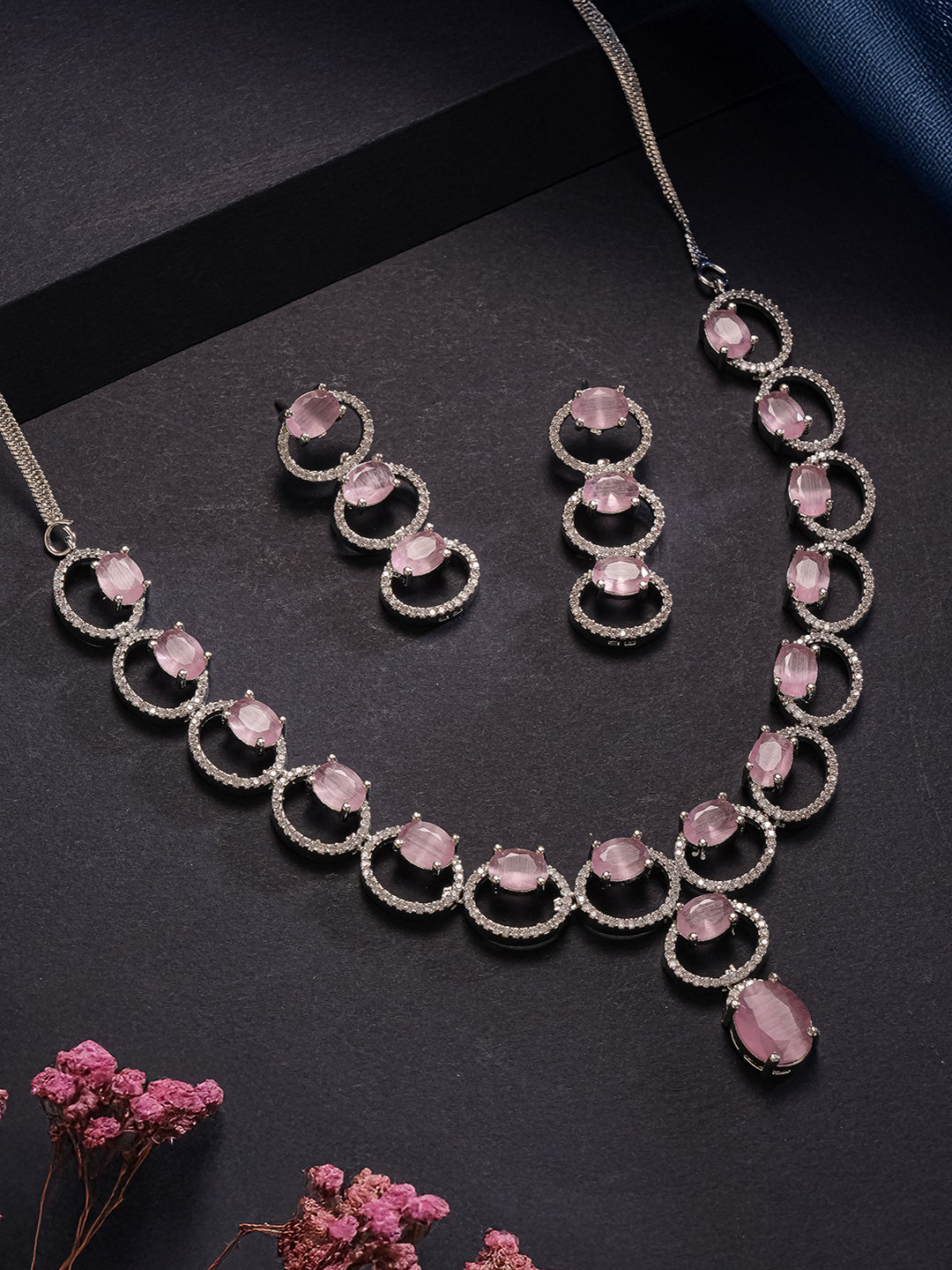 Silver Toned Pink AD Zircon Studded Minimal Designer Necklace Jewellery Set
