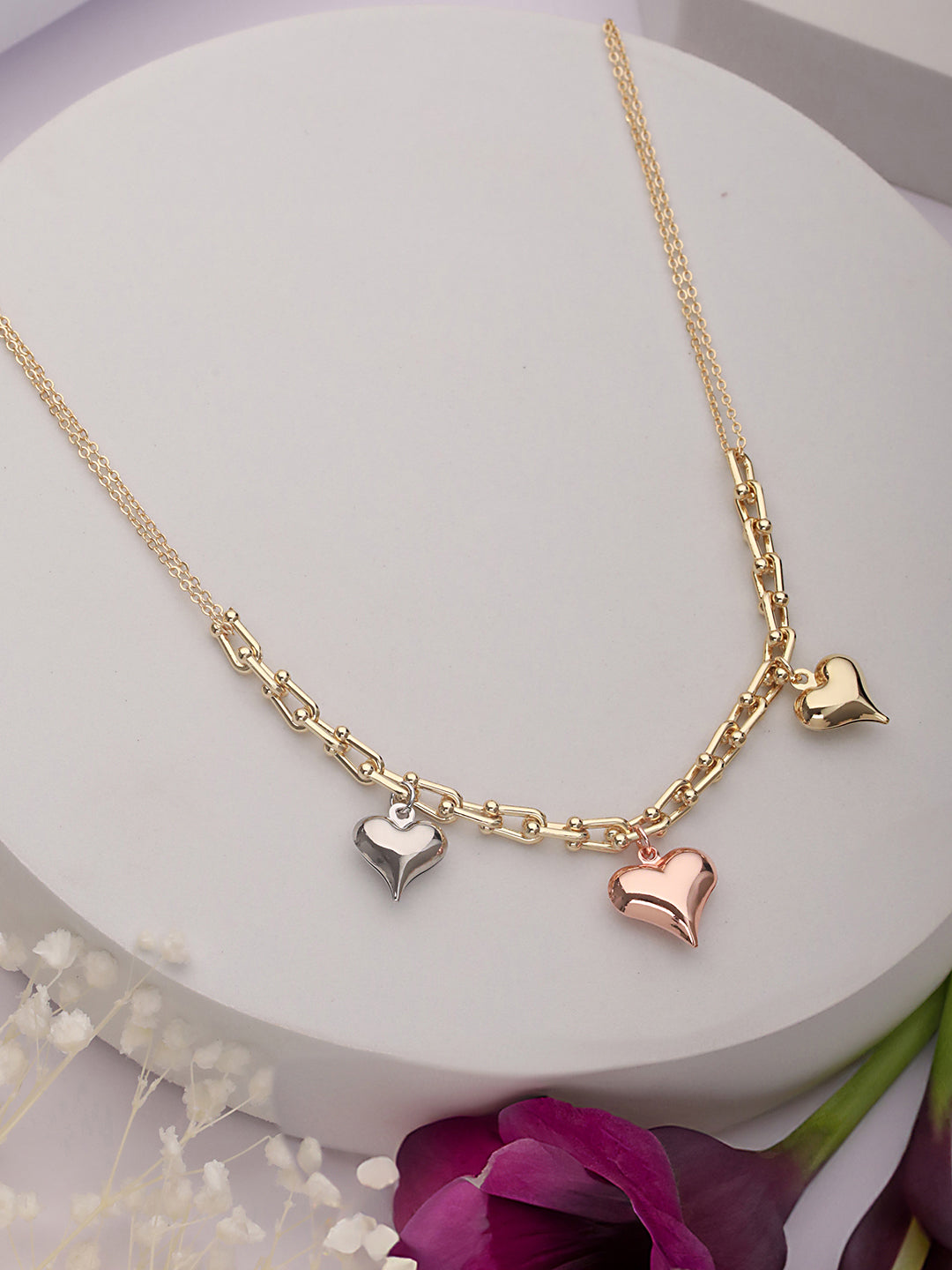 Anti-Tarnish Gold Plated 3 Toned Heart Shaped Chunky Link Chain Necklace