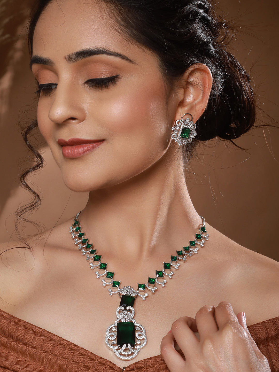 Silver Plated Emarald Green  CZ Studded  Designer Luxe Pendant Jewellery Set