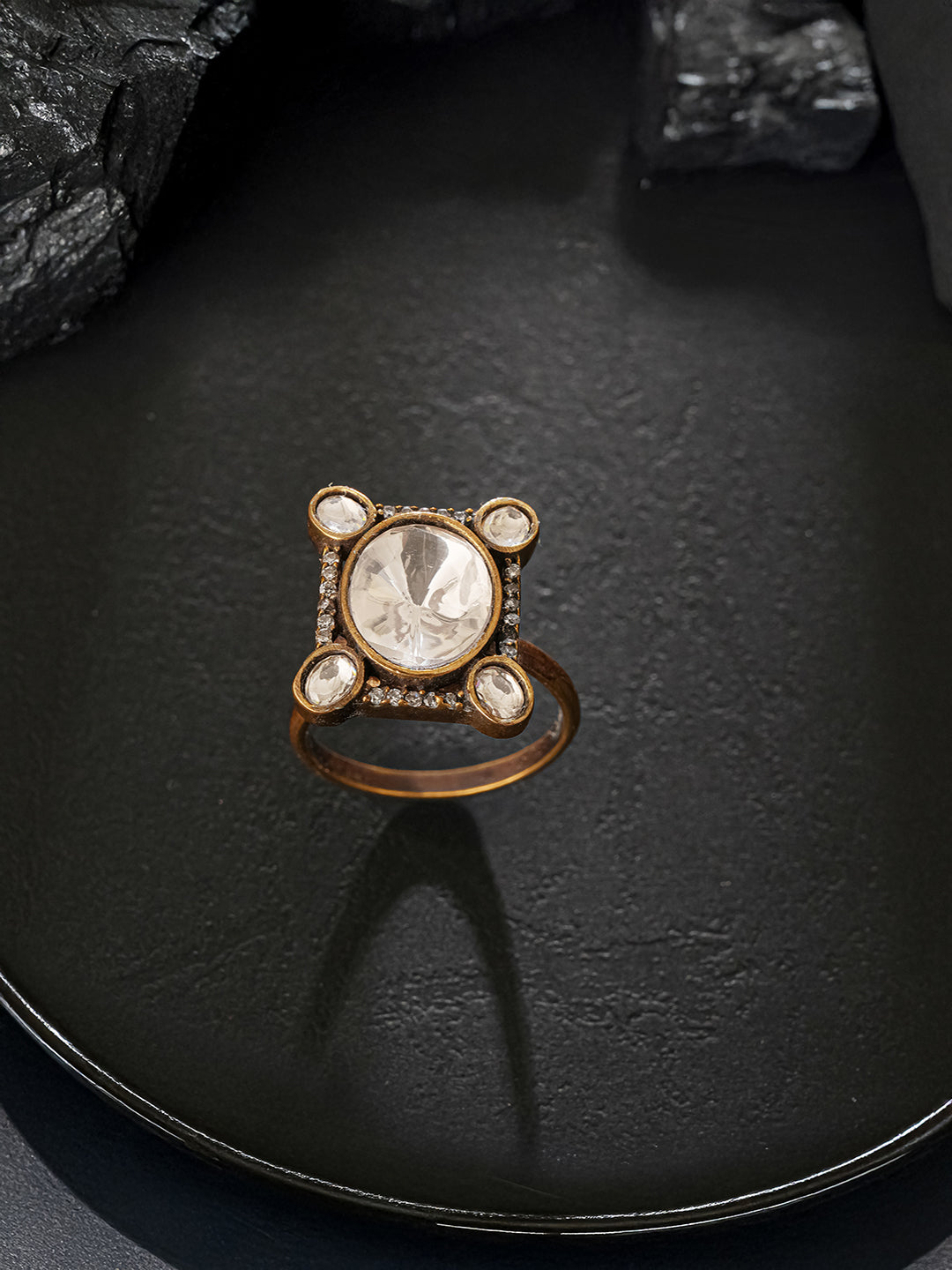 Gold Plated Kundan Uncut Mossanite Studded Geometric Minimal Adjustable Finger Ring