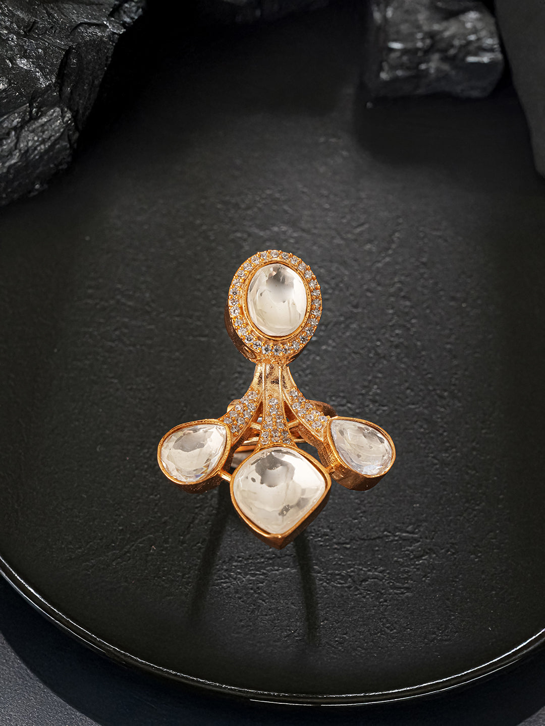 Antique Gold Plated Kundan Studded  Intricate Solitaire Finger Rings