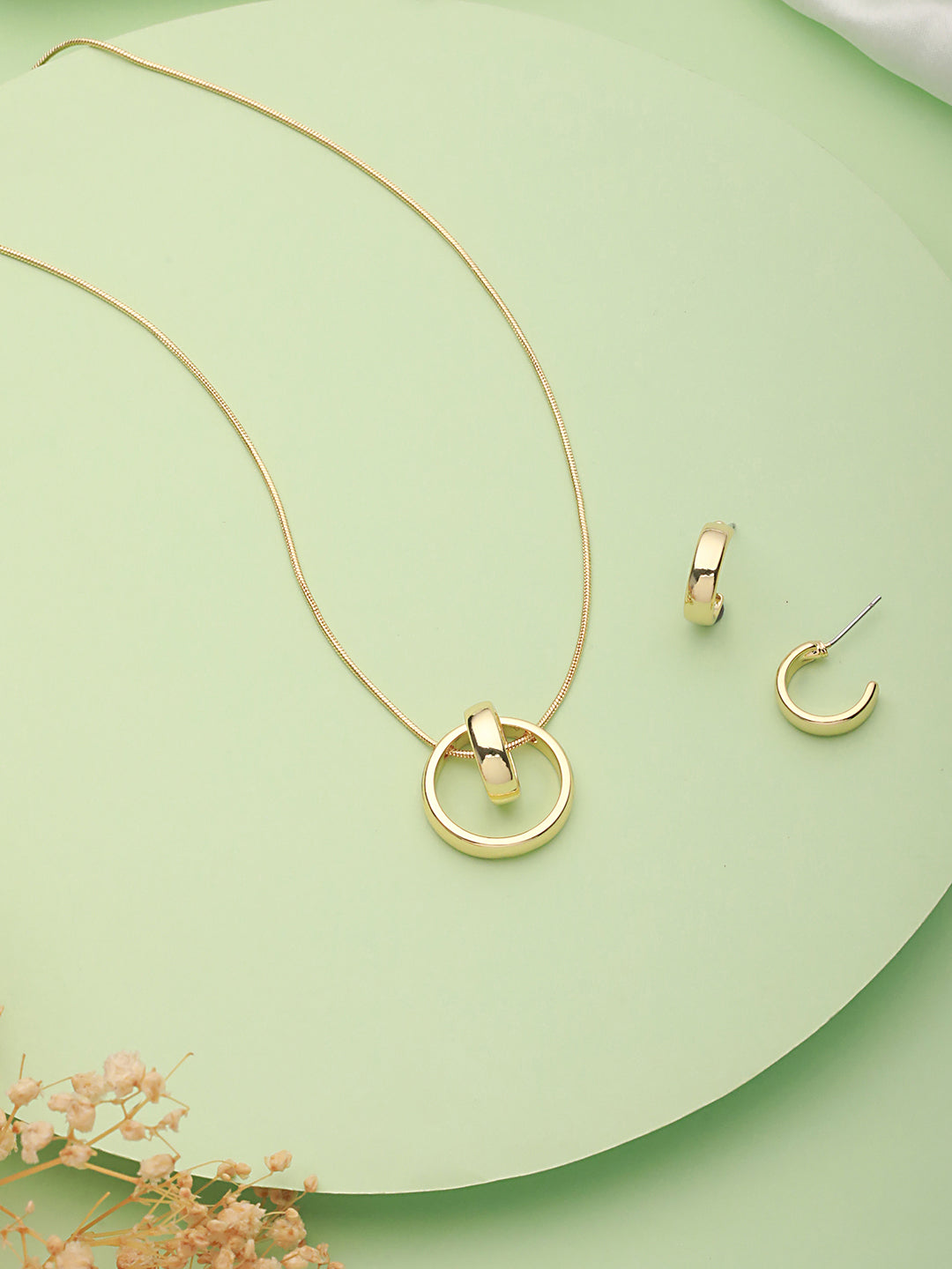 Anti-Tarnish Gold Plated Ring Pendant & Hoops Earrings Jewellery Set