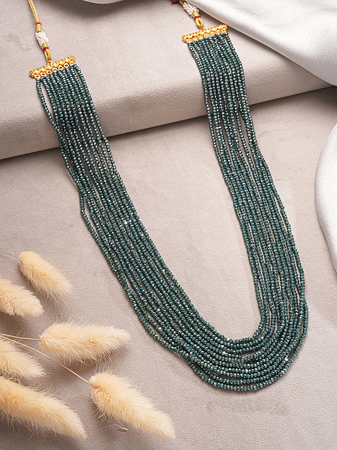 Multi-Layered Emerald Green Beaded Necklace with Gold Finish Jewellery for Women