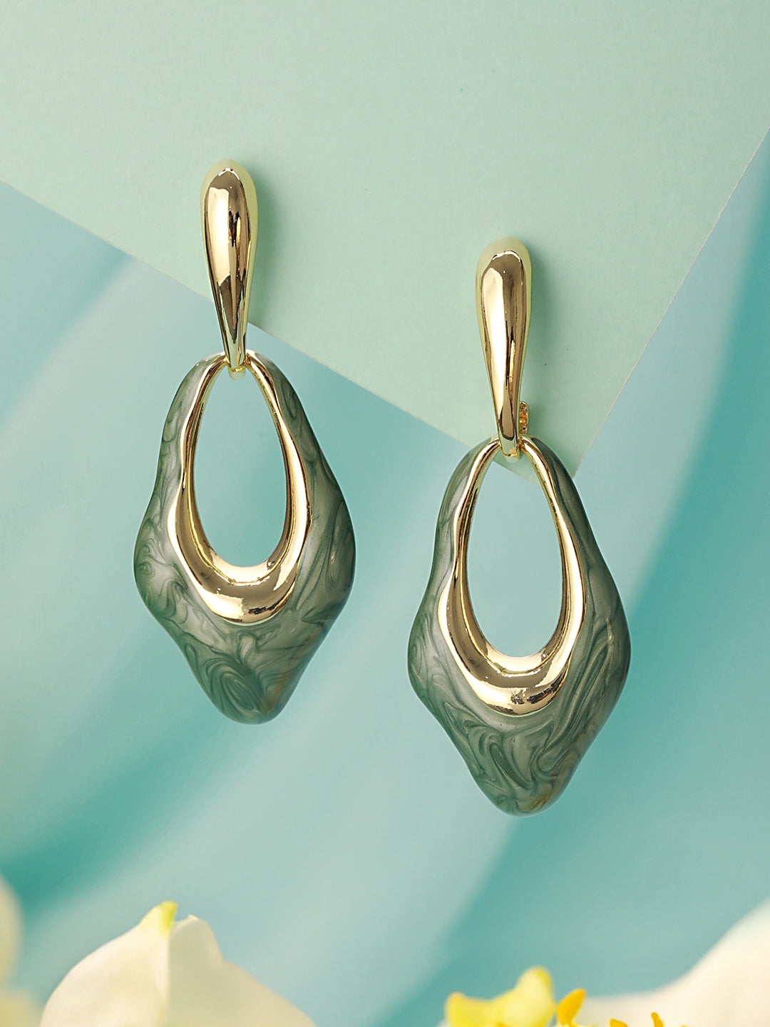 Anti-Tarnish 18k Gold Plated & Emarald Enamelled Hollow Drop Contemporary Earrings