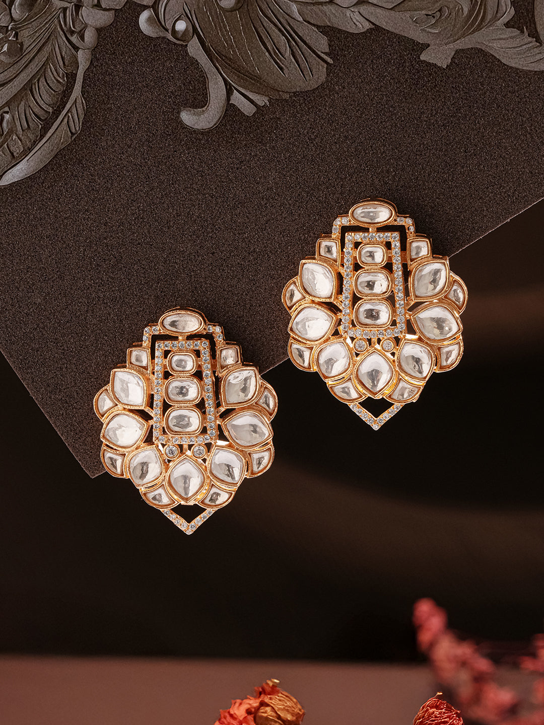 Gold Plated Polki Kundan Studded Designer Floral Bridal Large Studds Earrings