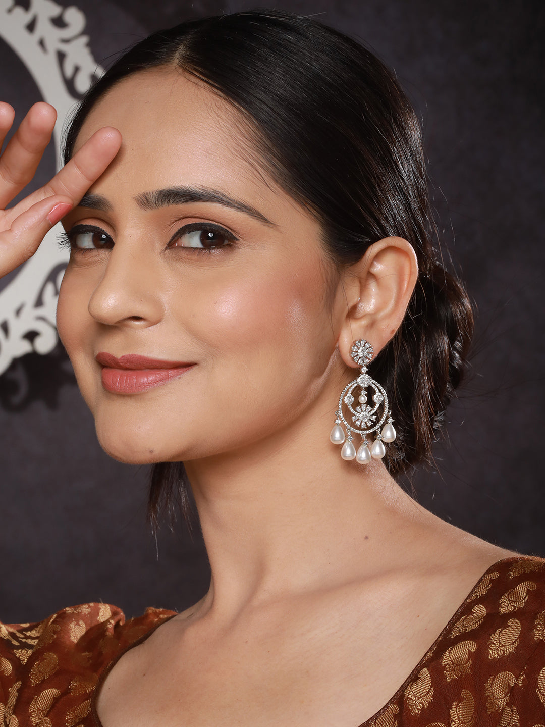 Silver Plated CZ Studded & Pearl Beaded Delicate Dangler Chandbali Earrings