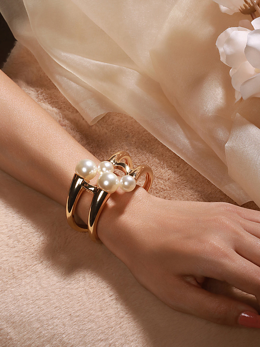 Anti-Tarnish Gold Plated Big Pearl Studded Cuff Kada Bracelet