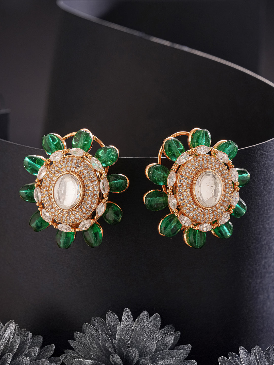 Gold Plated Green Beads & Kundan Studded Solitaire Studds Earrings