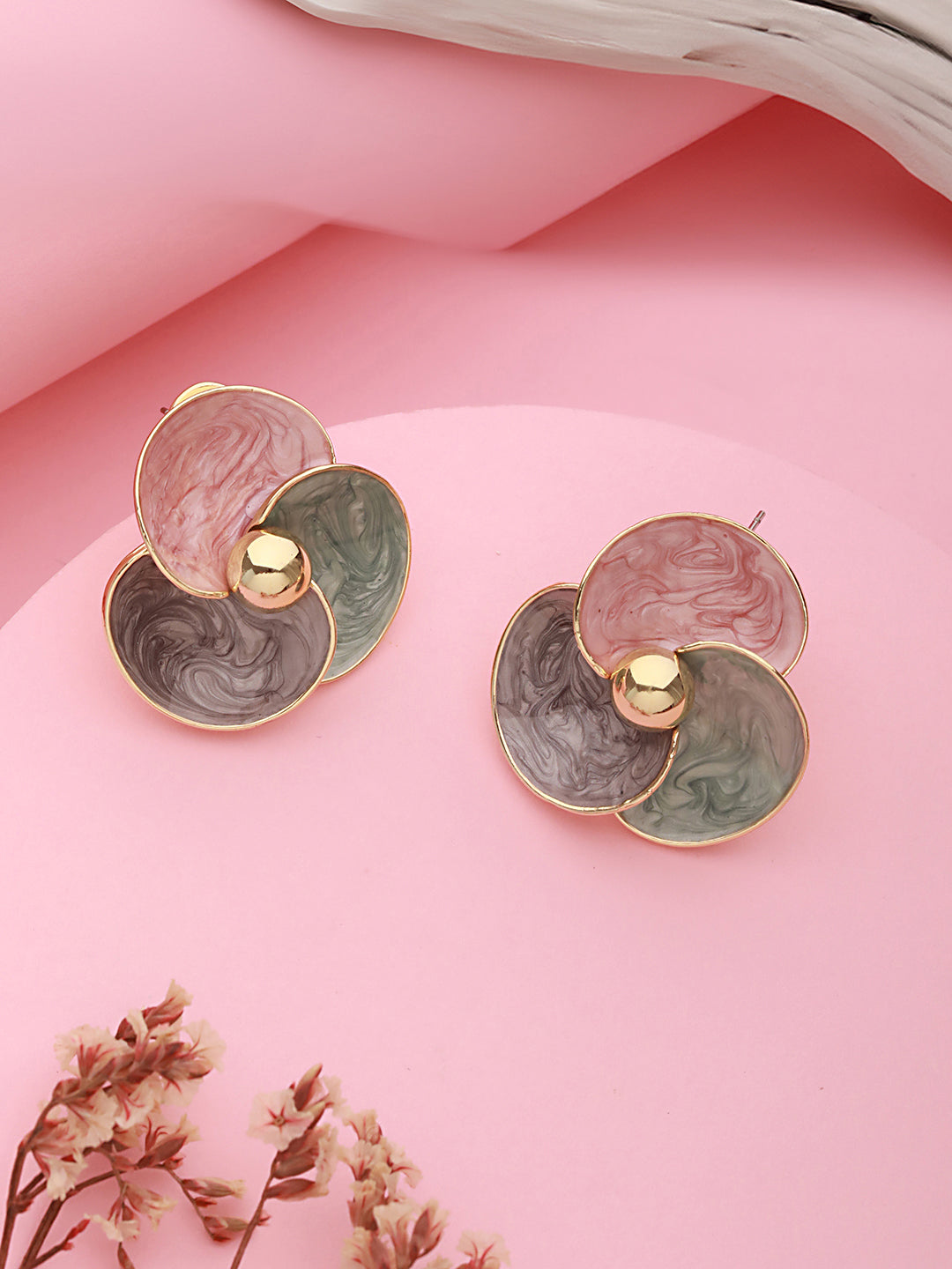 Anti-Tarnish 18k Gold Plated & Enamelled Floral Statement Studs Earrings