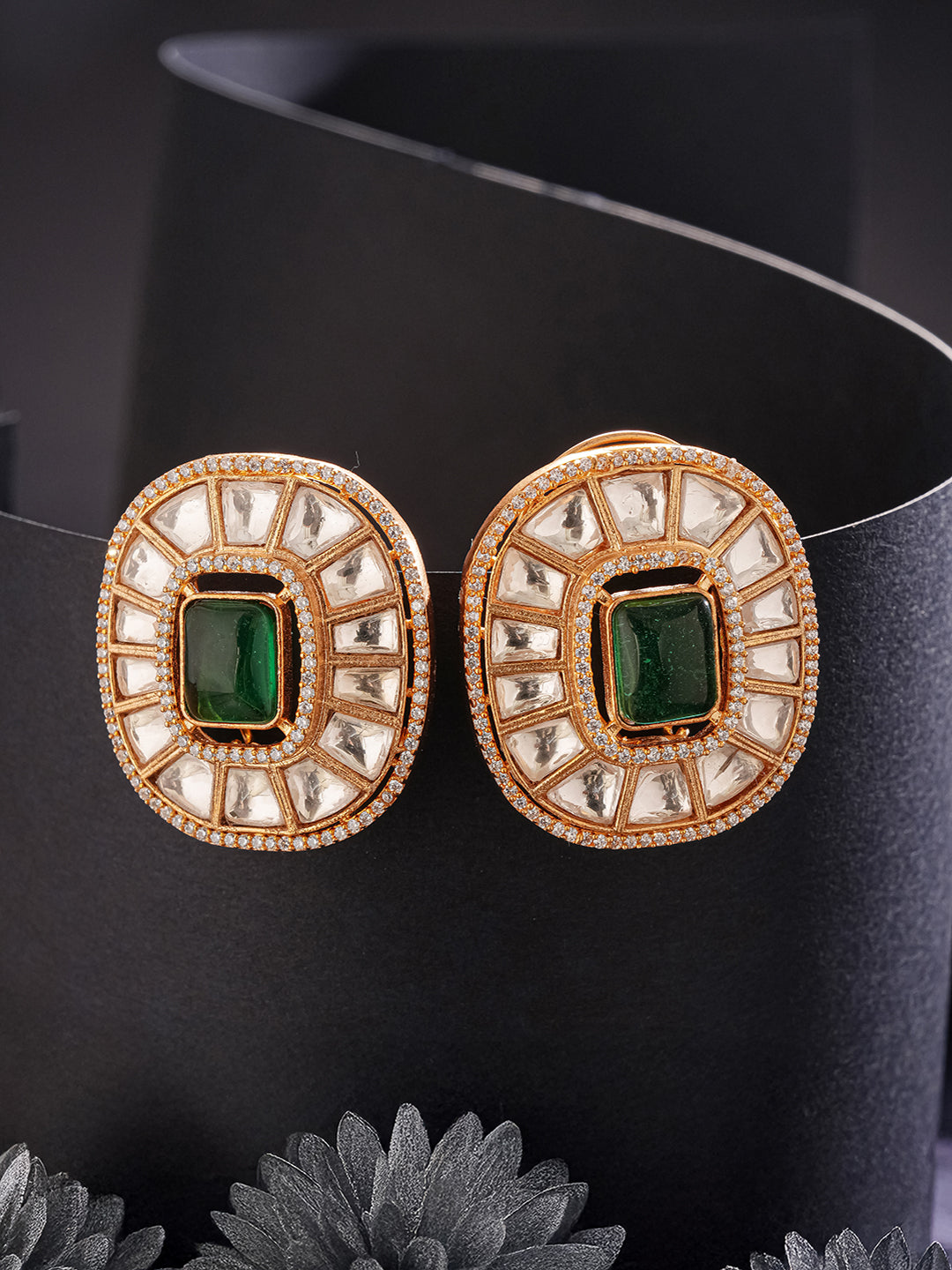 Gold Plated Green Emerald Uncut Polki Mossanite Designer Statement Studds Earrings