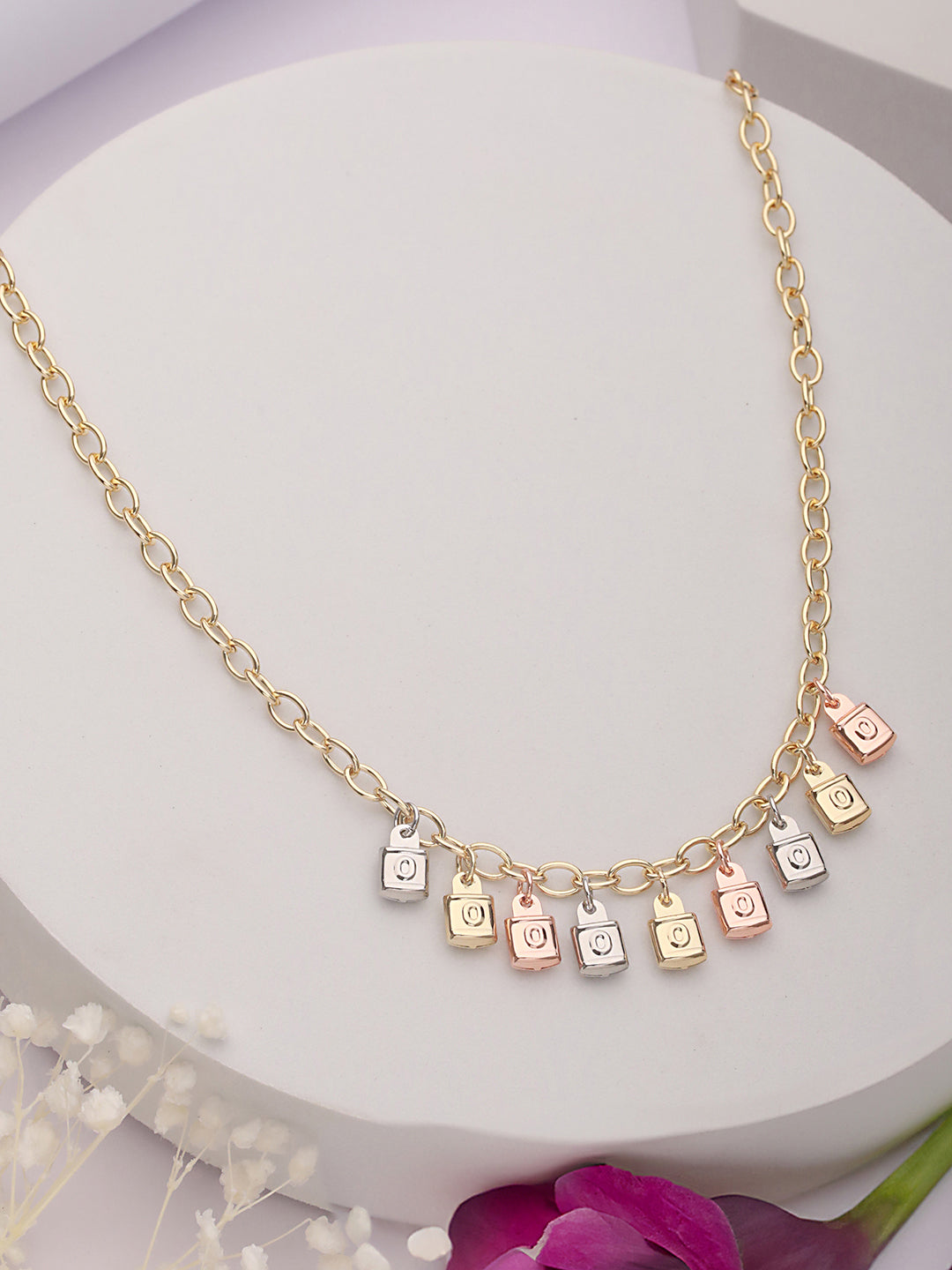 Anti-Tarnish Gold Plated Engraved Lock Pendant Link Chain  Necklace