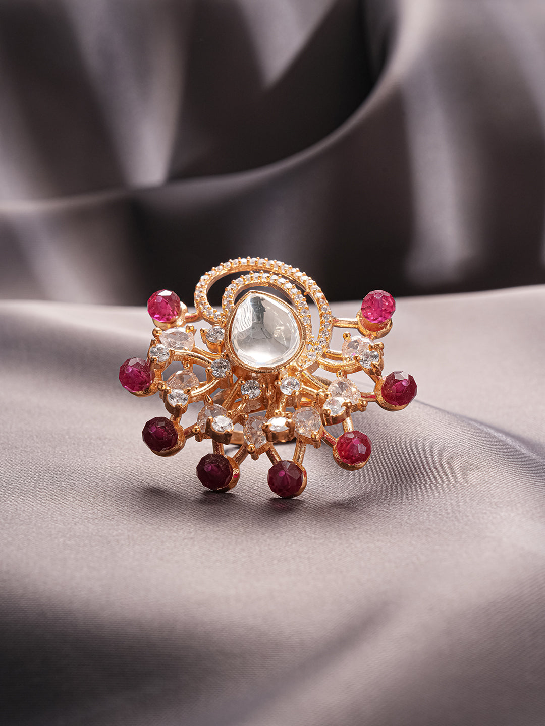 Gold Plated Kundan Red Beads Studded Floral Adjustable Cocktail Finger Ring