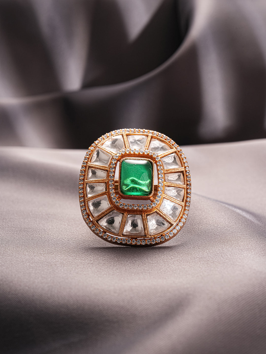Gold Plated Green Emerald Kundan Studded Geometric Adjustable Cocktail Finger Ring