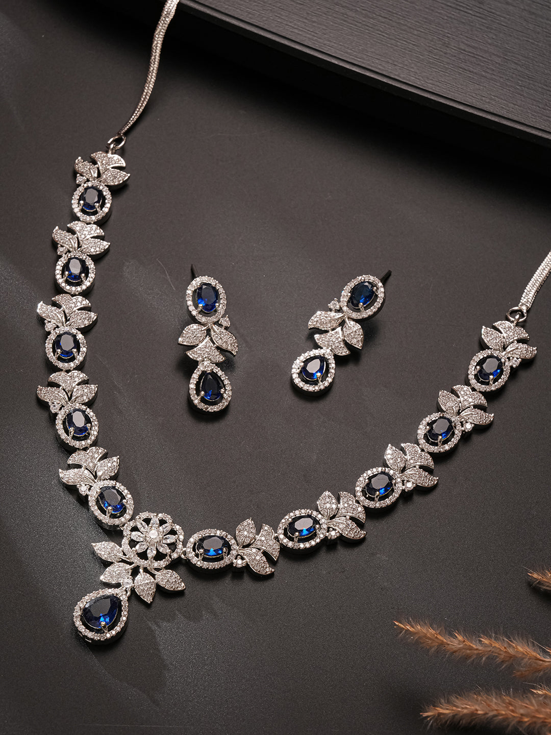 Silver Toned Sapphire Blue AD Studded Floral Delicate Statement Jewellery Set