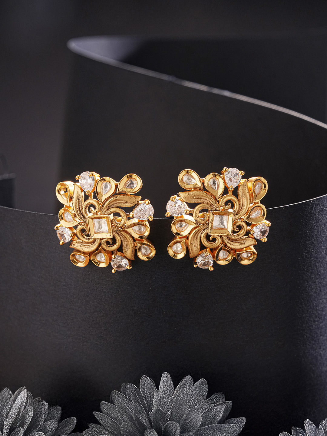 Gold Plated Kundan Studded Floral Designer Dailywear Studds Earrings