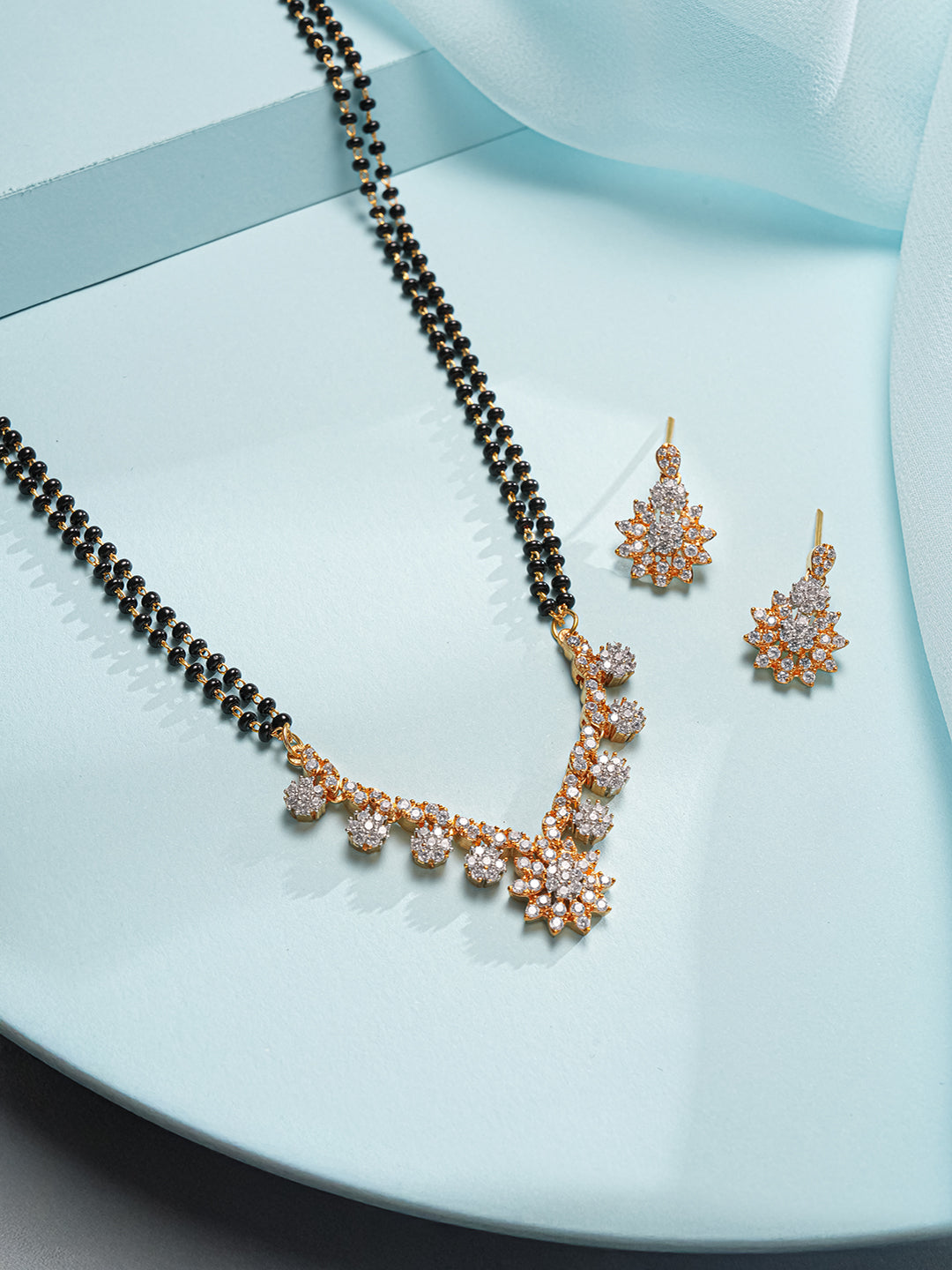 Gold Toned AD Studded Black Beads Studded  Designer Floral  Mangalsutra Jewellery Set