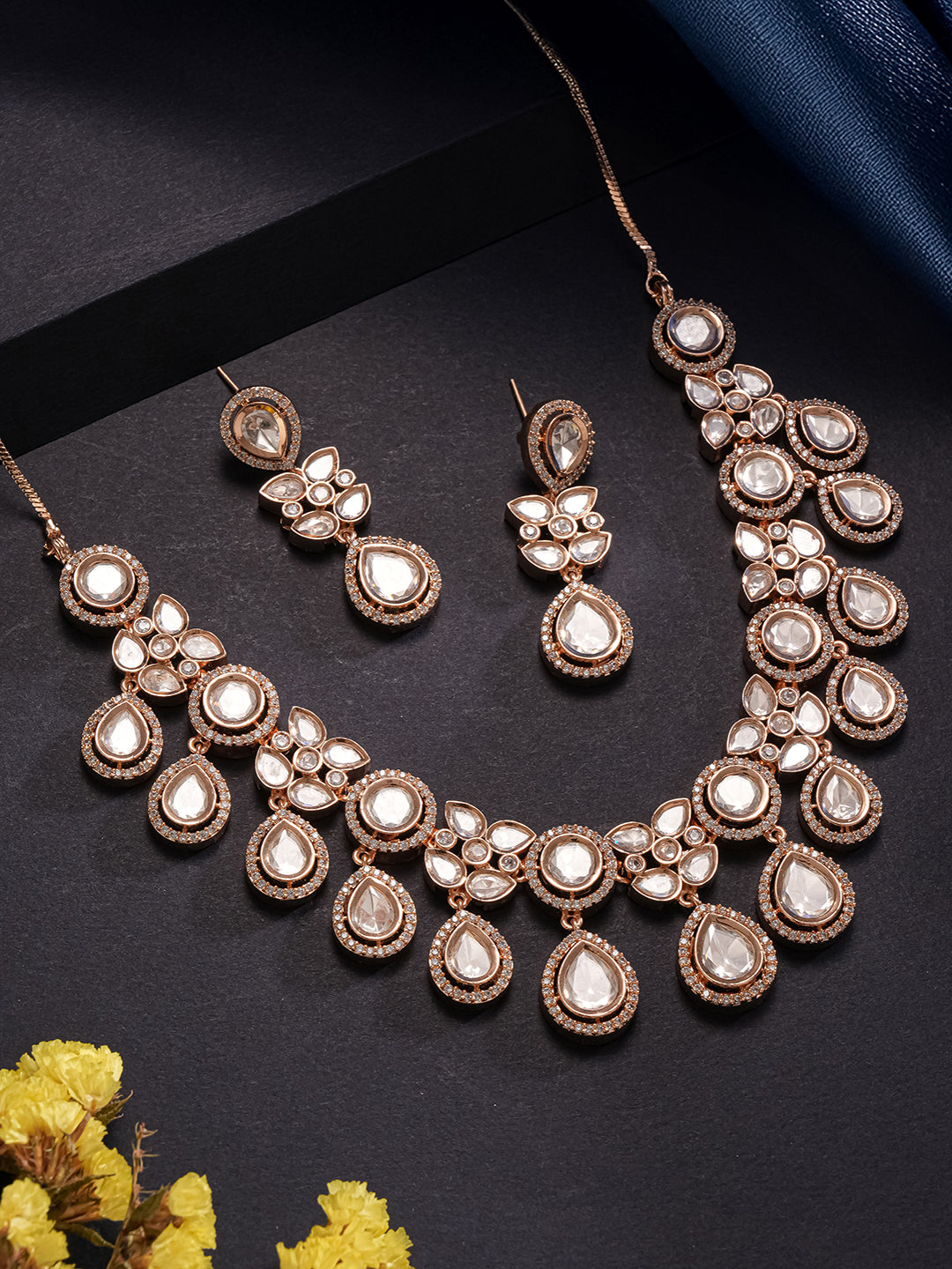 Gold Plated Polki Kundan Studded Bridal Floral Necklace Jewellery Set