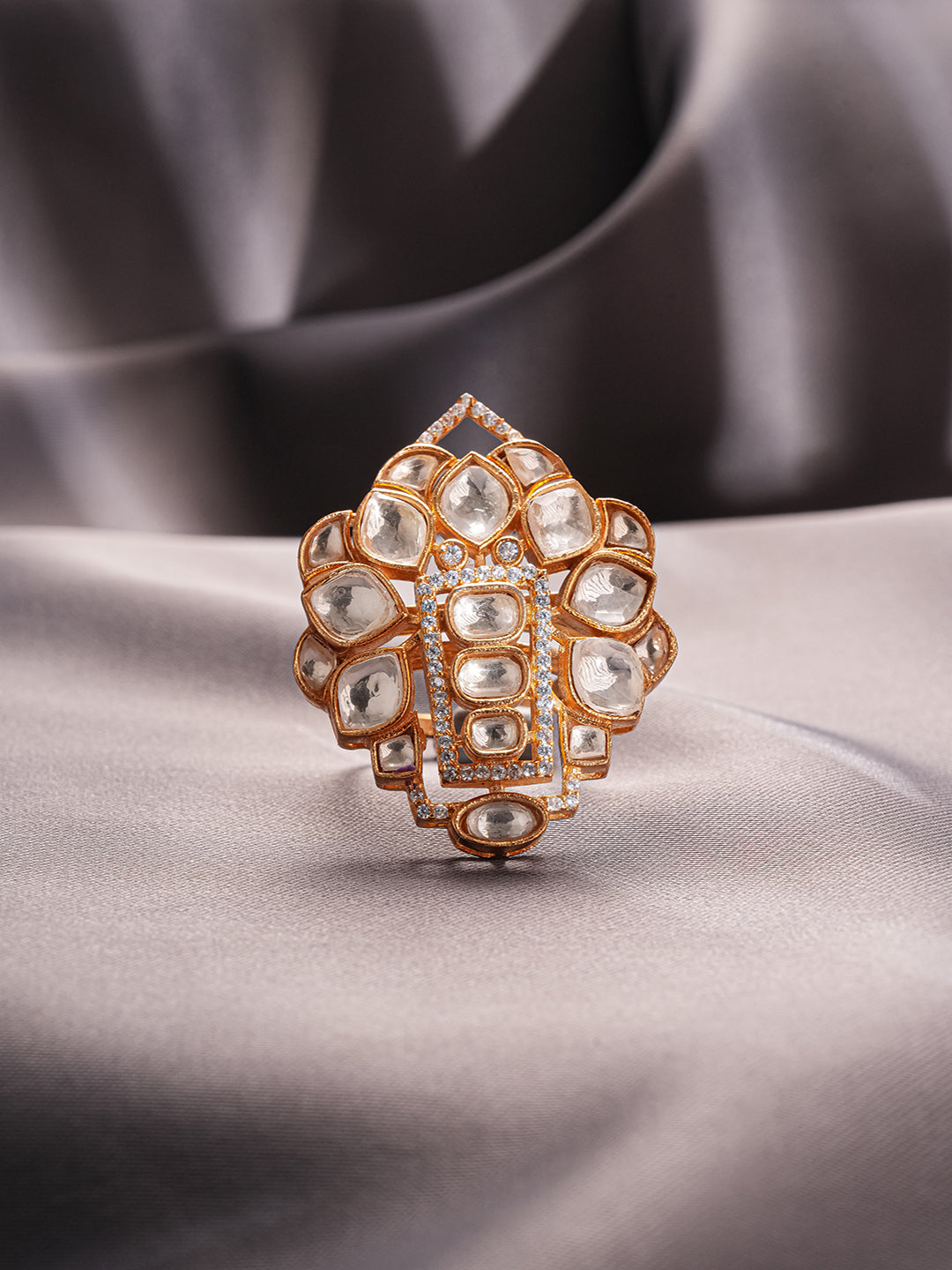 Gold Plated Uncut Polki Kundan Mossanite Studded Designer  Floral Adjustable Finger Ring