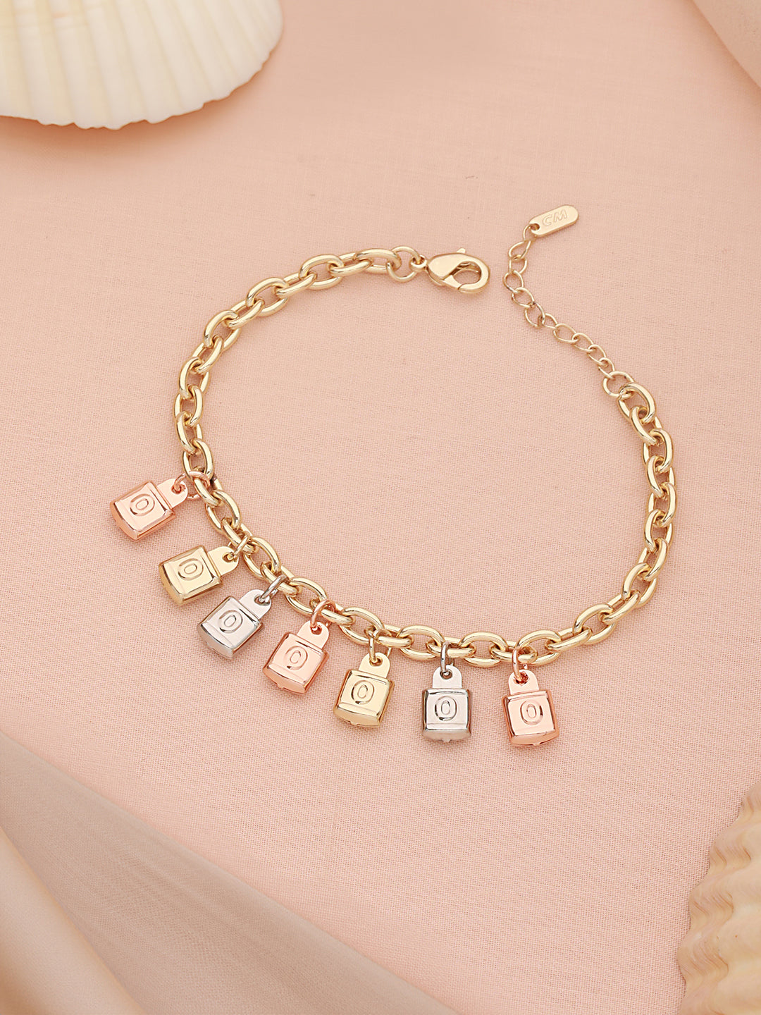 Anti-Tarnish Gold Plated Engraved Lock Charms Allover Wraparound Bracelet