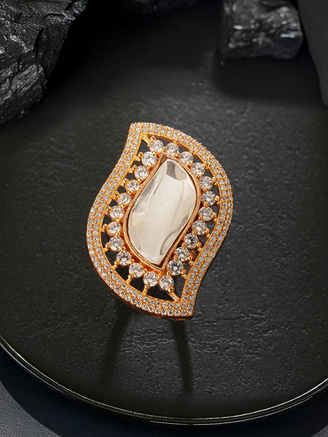 Gold Plated Uncut Kundan Polki Mossanite & Zircon Studded Luxe Quirky Adjustable Finger Ring